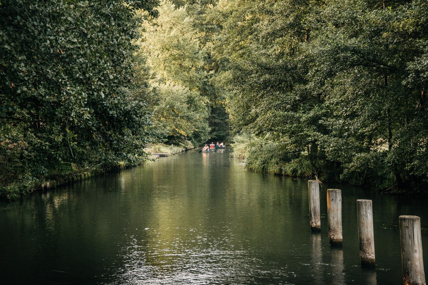 Fließ im Spreewald mit alten Holzpfählen, im Hintergrund Paddler